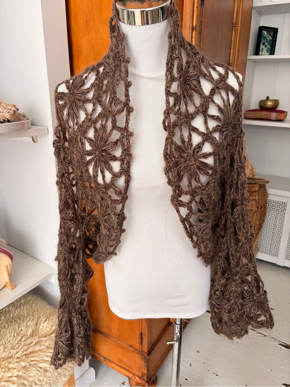 Brown Crochet Openwork Women's Shawl Jacket